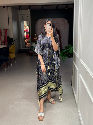 Black Color Bandhej Print With Gotta Patti Lace Border Gaji Silk Kaftan ClothsVilla.com