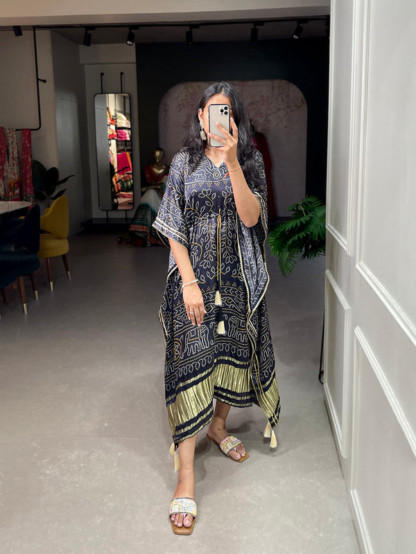 Black Color Bandhej Print With Gotta Patti Lace Border Gaji Silk Kaftan ClothsVilla.com