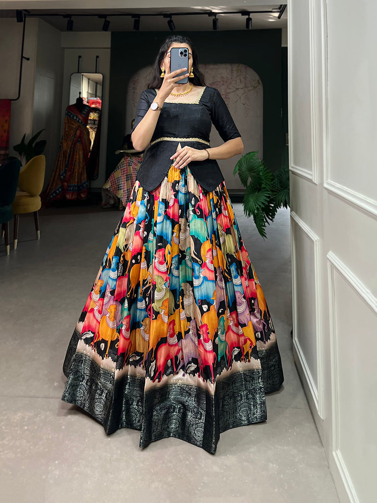 Black Color Digital Print And Zari Weaving Work Dola Silk Lehenga Choli Clothsvilla