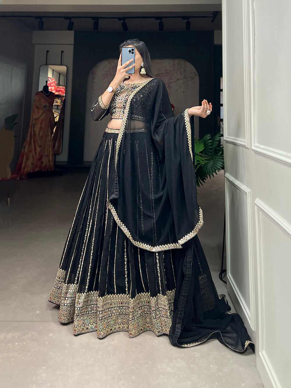 Black Color Sequins And Thread Embroidery Work Georgette Lehenga Choli Clothsvilla