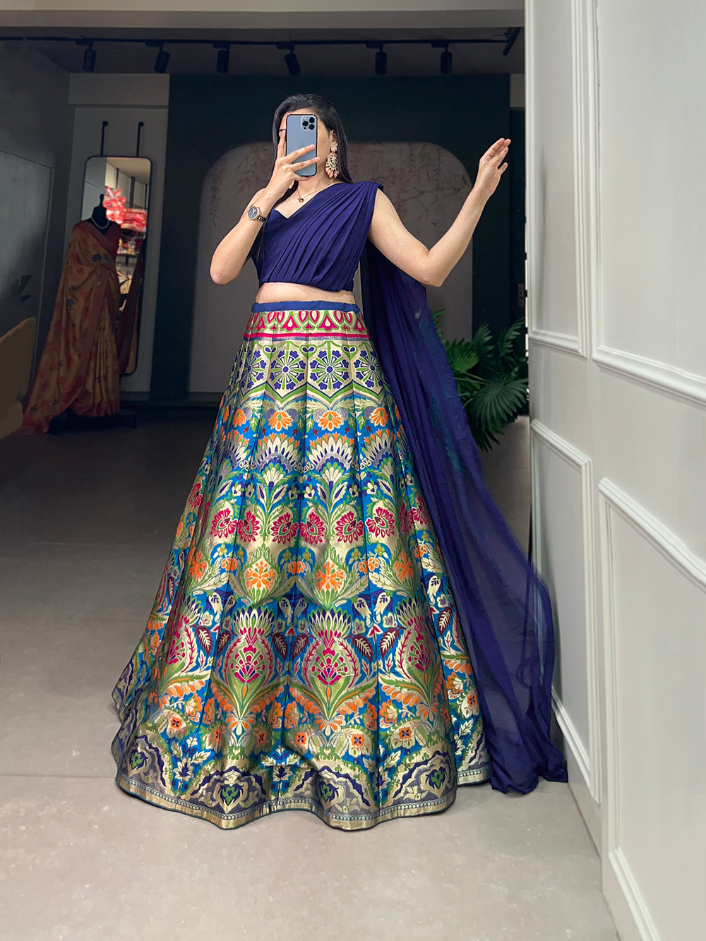 Navy Blue Color Zari Weaving Work Banarasi Silk Lehenga Choli Clothsvilla