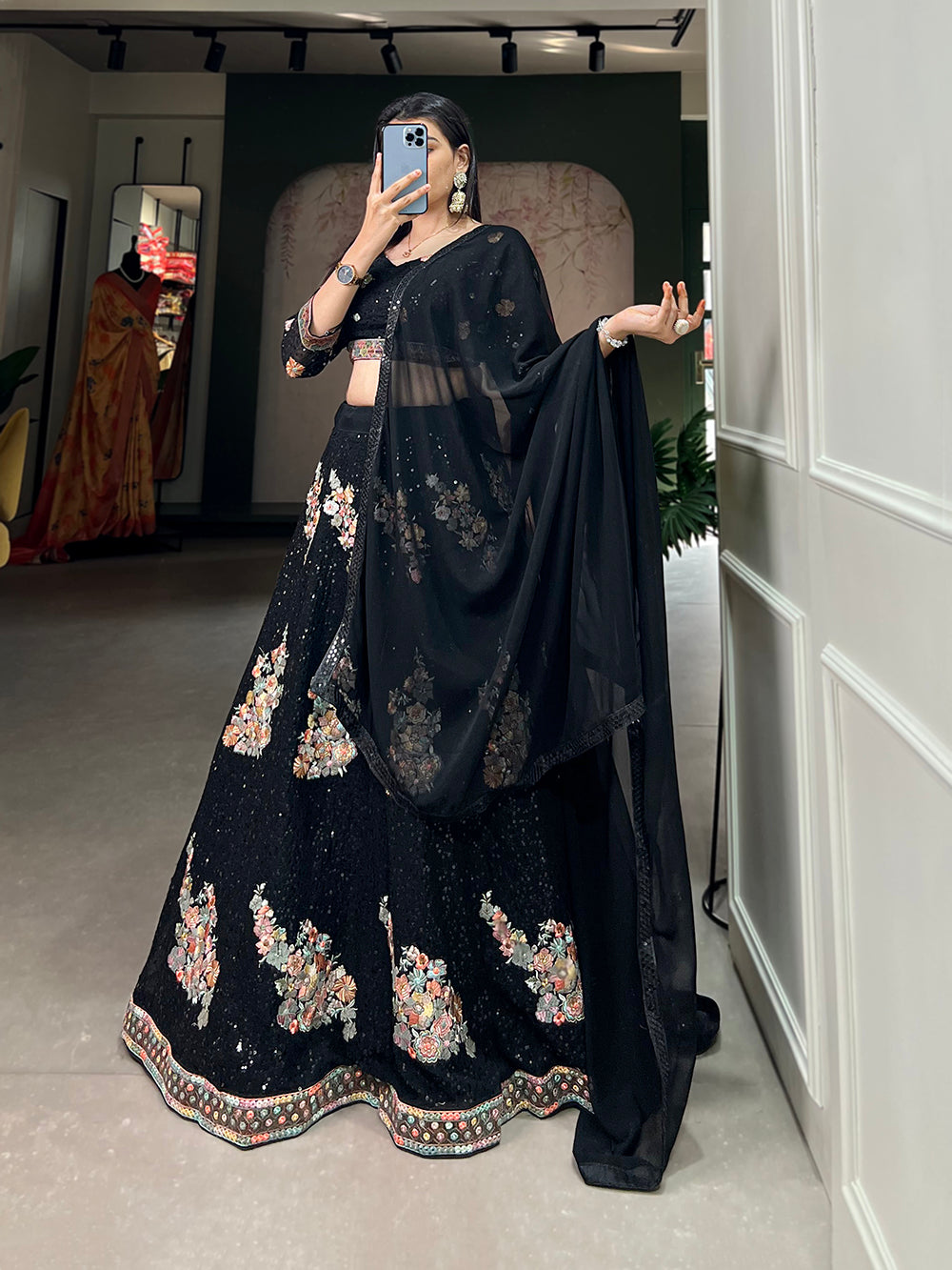 Black Color Sequins And Thread Embroidery Work Georgette Lehenga Choli Clothsvilla
