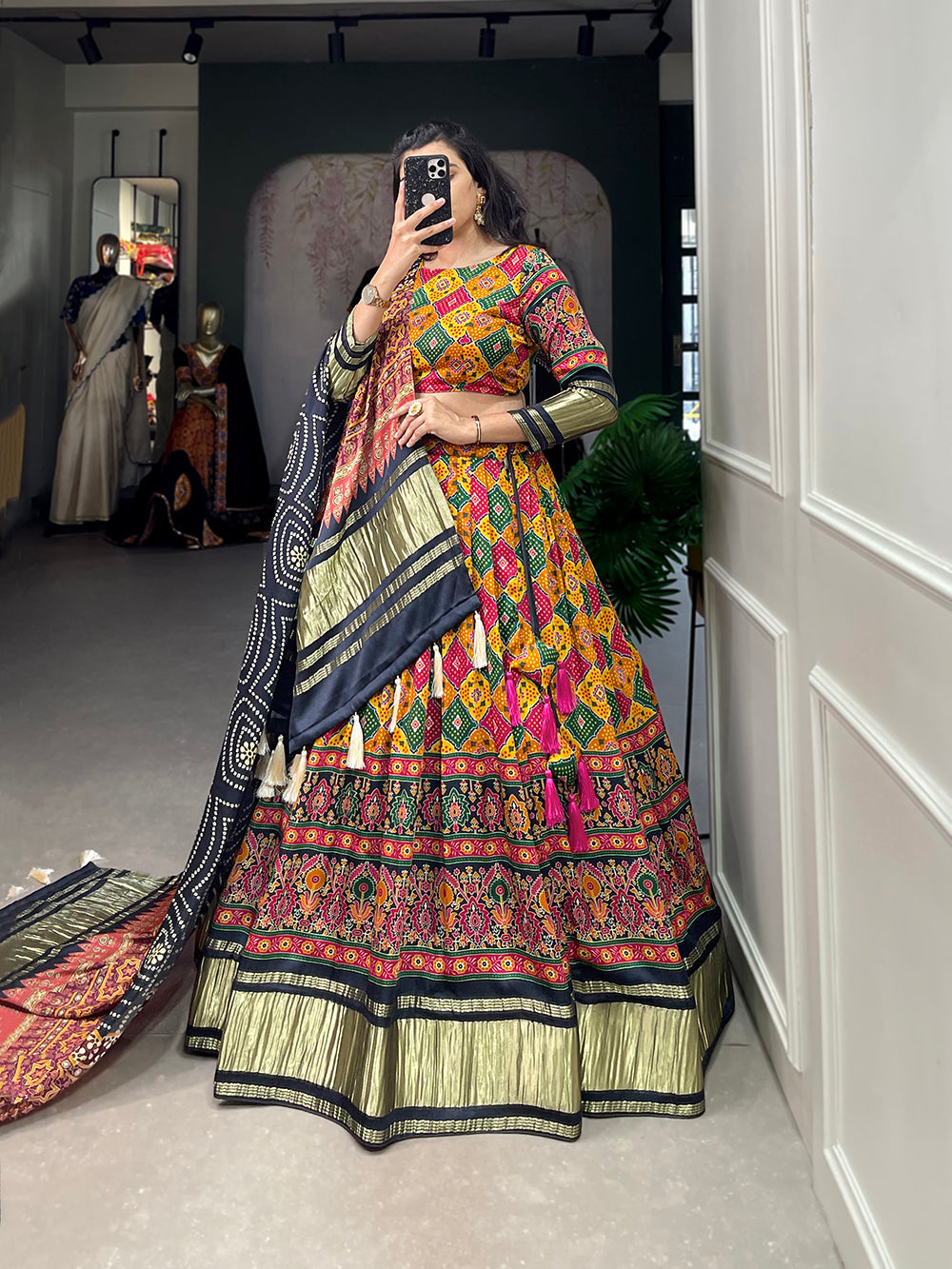 Multi Color Digital Printed With Lagadi Patta Gaji Silk Lehenga Choli Clothsvilla
