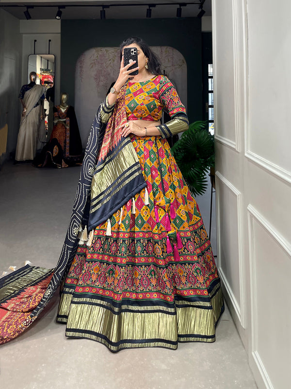 Multi Color Digital Printed With Lagadi Patta Gaji Silk Lehenga Choli Clothsvilla