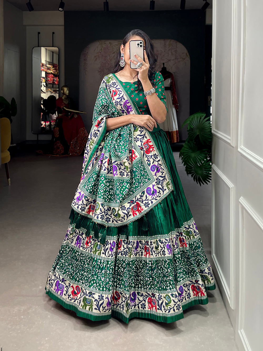 Green Color Bandhej Print With Patola Print Crushed Dola Silk Lehenga Choli ClothsVilla