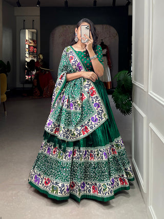 Green Color Bandhej Print With Patola Print Crushed Dola Silk Lehenga Choli ClothsVilla