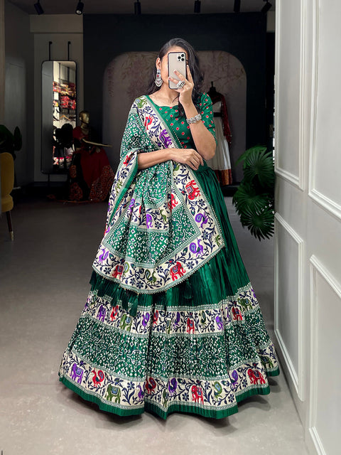 Green Color Bandhej Print With Patola Print Crushed Dola Silk Lehenga Choli ClothsVilla Main image