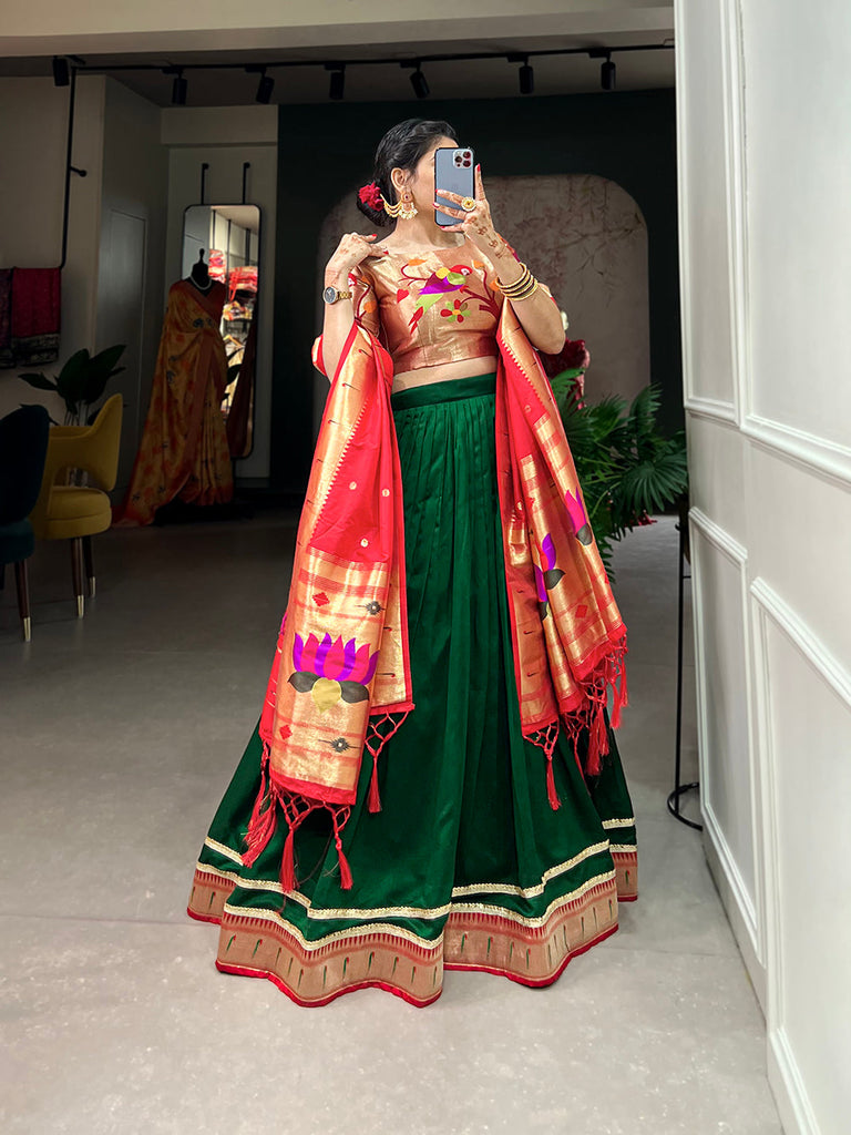 Green Color Plain With Paithani Lace Border Vichitra Silk Lehenga  Choli Clothsvilla
