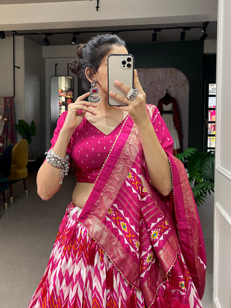 Pink Color Leheriya With Foil Work Tussar Silk Lehenga Choli ClothsVilla