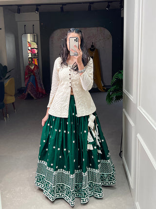 Green Color Sequins And Lucknowi Work Cotton Co-Ord Set Lehenga Choli ClothsVilla.com