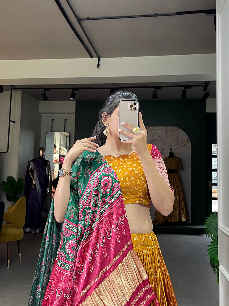 Mustard Color Printed With Zari Weaving Work Viscose Dola Silk Lehenga Choli Clothsvilla