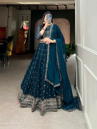 Navy Blue Color Sequins And Thread Embroidery Work Georgette Lehenga Choli Clothsvilla