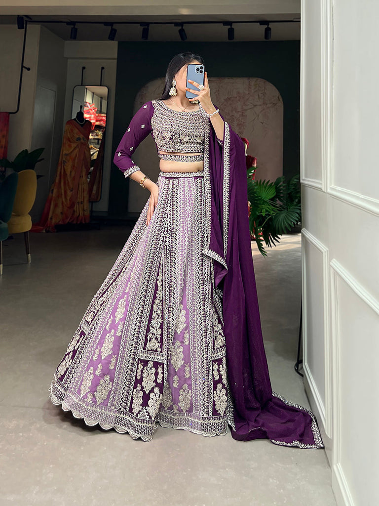 Purple Color Thread Embroidery And Jharkhand Dimound Work Georgette Lehenga Choli Clothsvilla