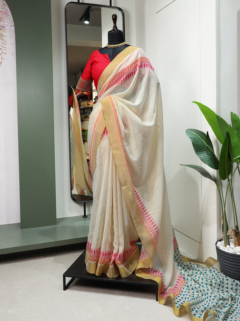 Triangle Design Printed Kasavu Zari Border Saree Clothsvilla