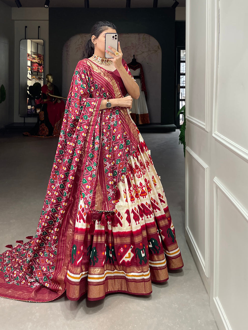 Off White Color Patola Printed With Foil Work Tussar Silk Lehenga Choli ClothsVilla