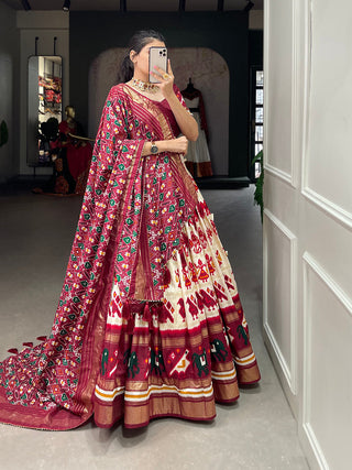 Off White Color Patola Printed With Foil Work Tussar Silk Lehenga Choli ClothsVilla