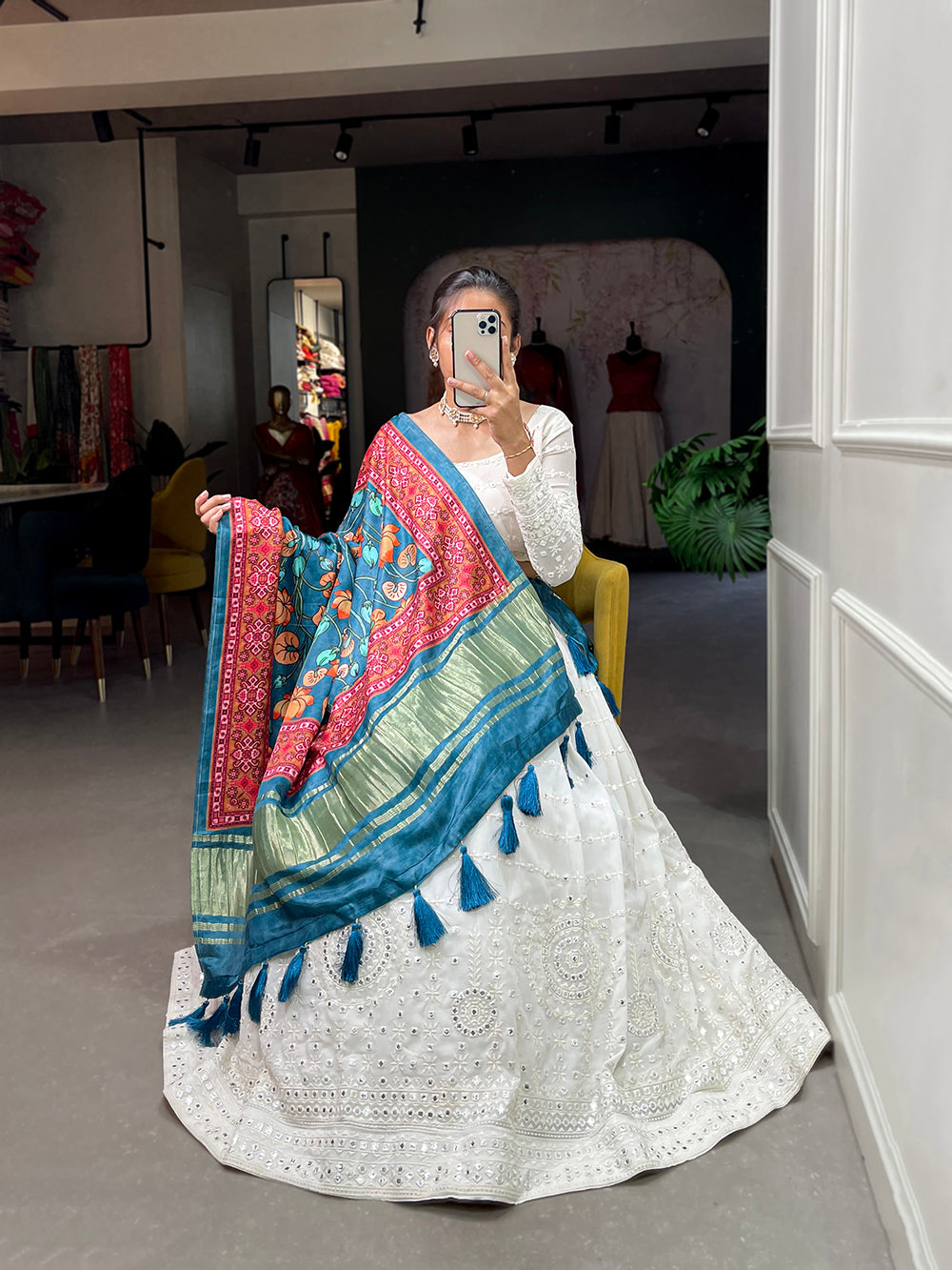 White Color Lucknowi Paper Mirror Work Georgette lehenga Choli ClothsVilla.com