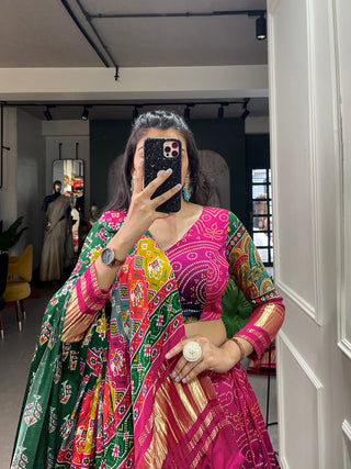 Multi Color Digital Printed With Lagadi Patta Gaji Silk Lehenga Choli Clothsvilla