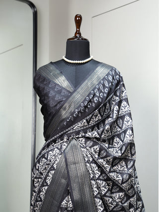 Black Color Printed With Zari Border Dola Silk Saree Clothsvilla