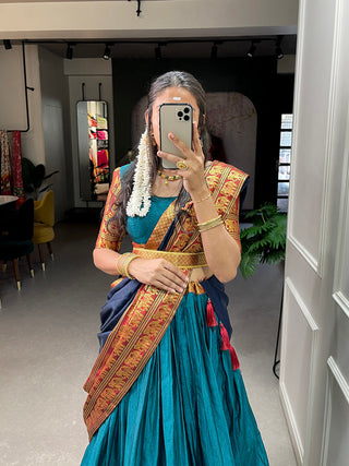Firozi Color Zari Weaving Work Narayan Pet (Cotton) Kollam Pattu  Lehenga Choli ClothsVilla.com
