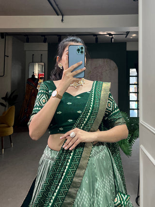 Green Color Dot And Ikkat Print With Foil Work Tussar Silk Lehenga Choli Clothsvilla