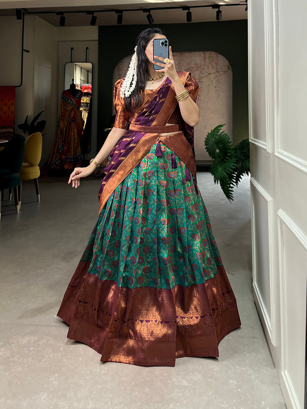 Purple Color Zari Weaving Work Weaving Silk(Jacquard) South Indian Lehenga Choli Clothsvilla