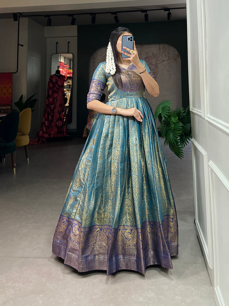 Firozi Color Zari Weaving Work Kanjivaram Wedding Wear Dress Clothsvilla