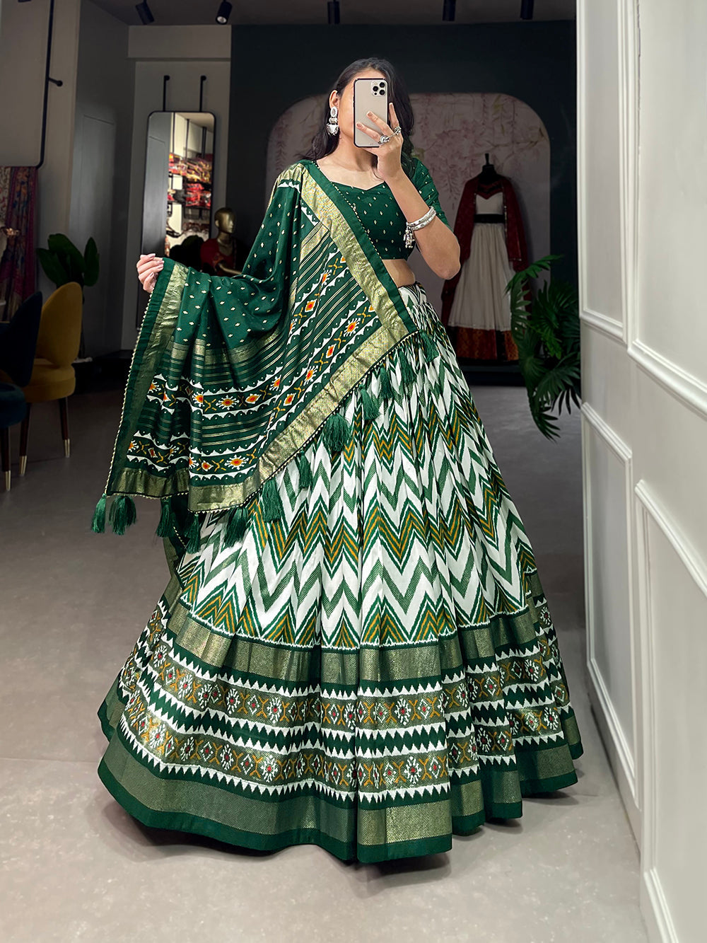 Green Color Leheriya With Foil Work Tussar Silk Lehenga Choli ClothsVilla