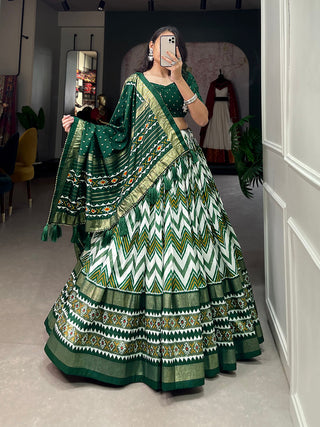 Green Color Leheriya With Foil Work Tussar Silk Lehenga Choli ClothsVilla
