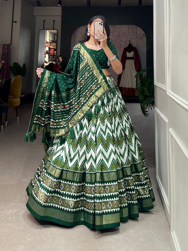 Green Color Leheriya With Foil Work Tussar Silk Lehenga Choli ClothsVilla
