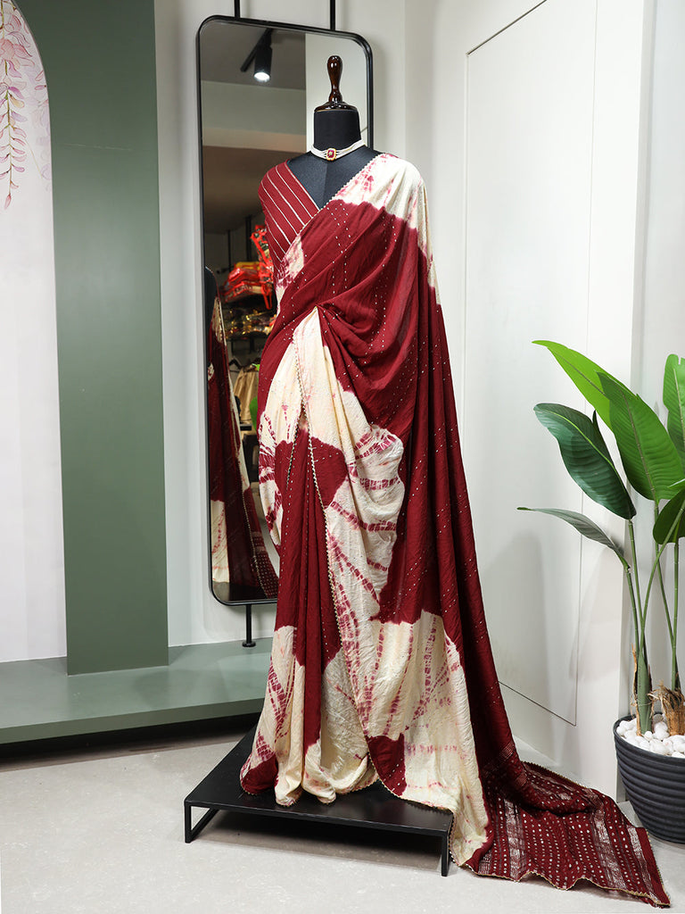 Maroon Color Sequins With Zari Line And Gota Patti Lace Border Viscose Chanderi Saree Clothsvilla