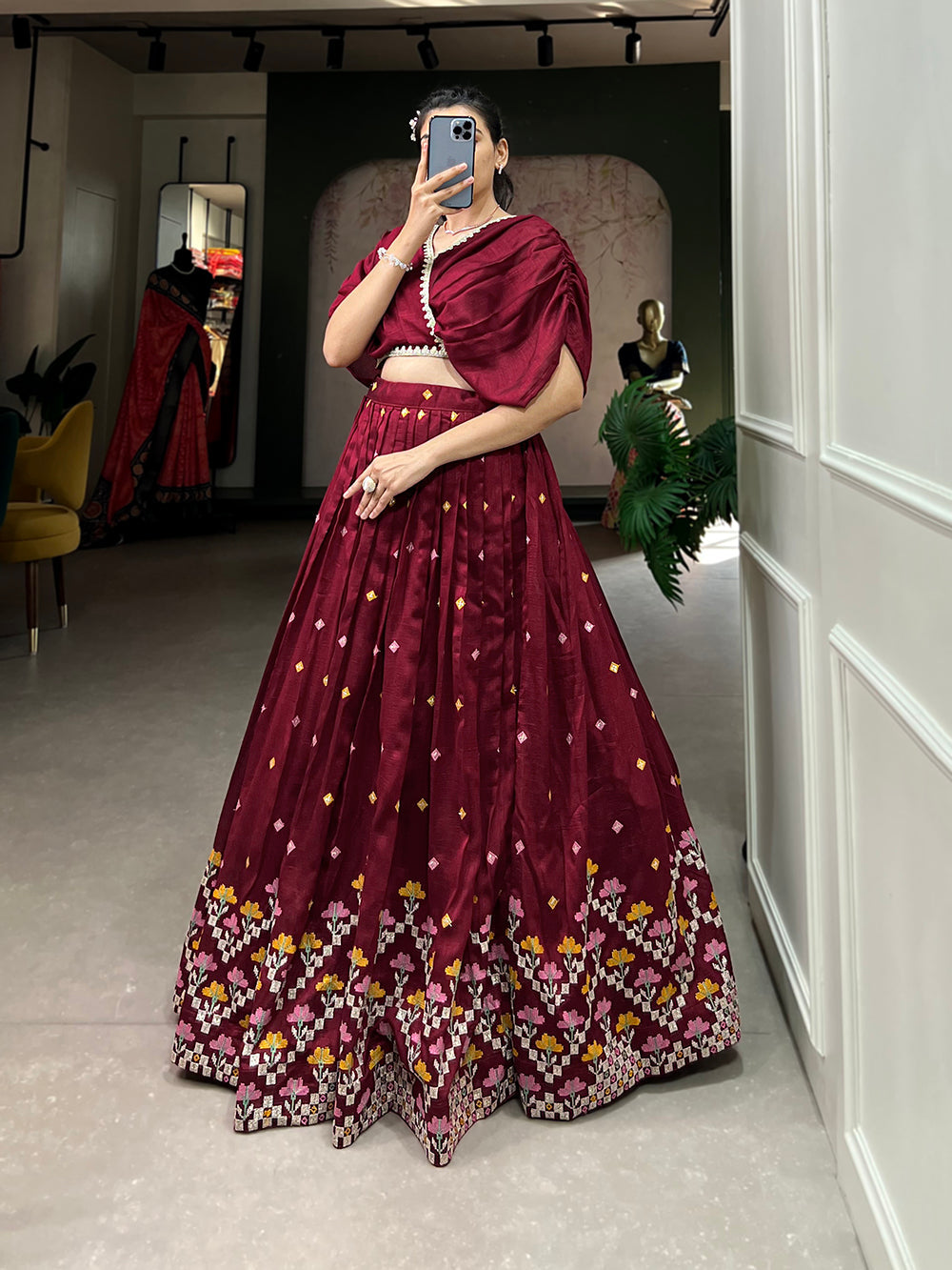 Maroon Color Thread Embroidery Work Vichitra Silk Lehenga Choli Clothsvilla