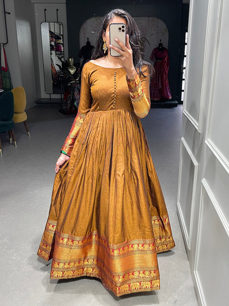 Mustard Color Zari Weaving Work Narayan Pet Cotton Gown Clothsvilla