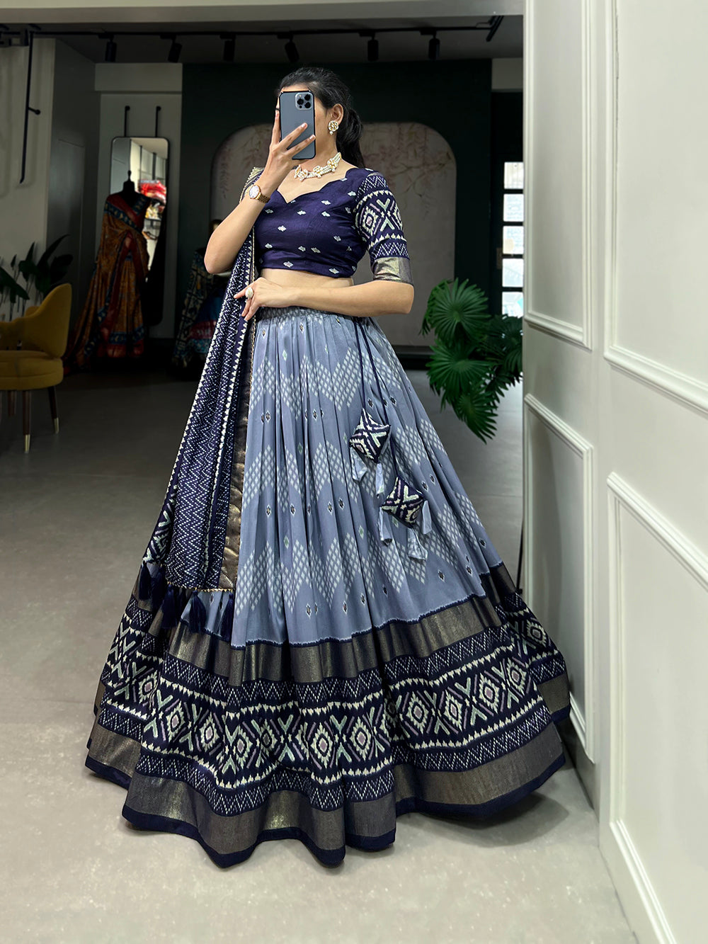 Navy Blue Color Dot And Ikkat Print With Foil Work Tussar Silk Lehenga Choli Clothsvilla