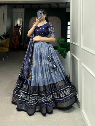 Navy Blue Color Dot And Ikkat Print With Foil Work Tussar Silk Lehenga Choli Clothsvilla