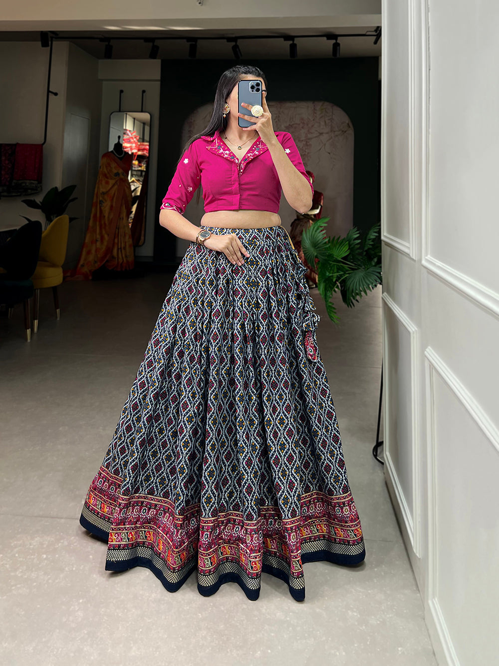 Navy Blue Color Patola With Foil Print Rayon Cotton Co-ord Set Lehenga Choli Clothsvilla Main image