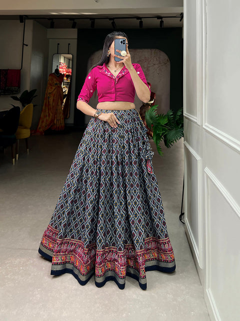 Navy Blue Color Patola With Foil Print Rayon Cotton Co-ord Set Lehenga Choli Clothsvilla Main image