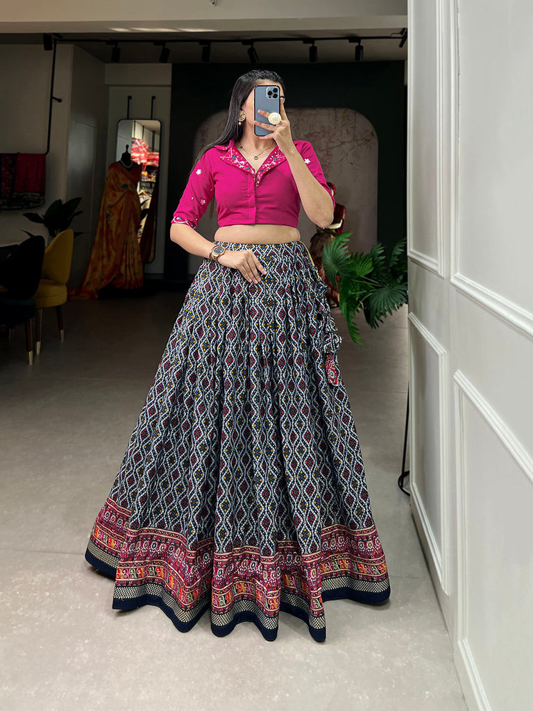 Navy Blue Color Patola With Foil Print Rayon Cotton Co-ord Set Lehenga Choli Clothsvilla