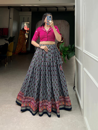 Navy Blue Color Patola With Foil Print Rayon Cotton Co-ord Set Lehenga Choli Clothsvilla