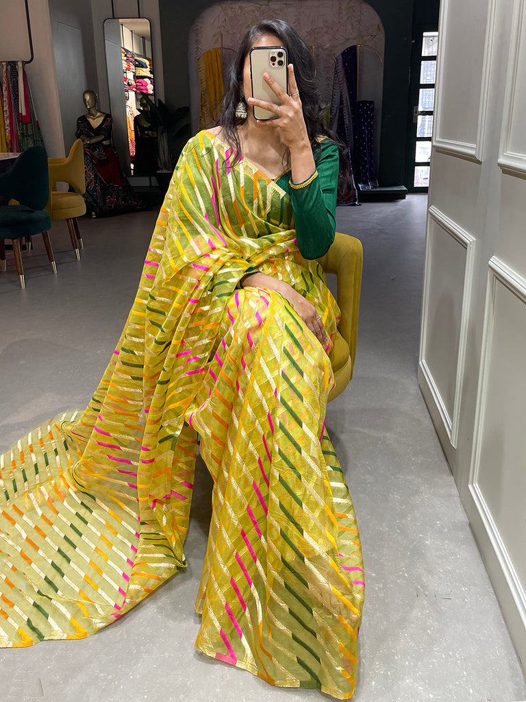 Lemon Color Zari Weaving Work Organza Saree Clothsvilla