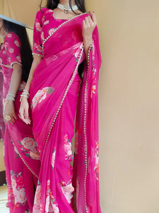 Pink Color Printed With Peral Lace Border Georgette Trending Saree Clothsvilla