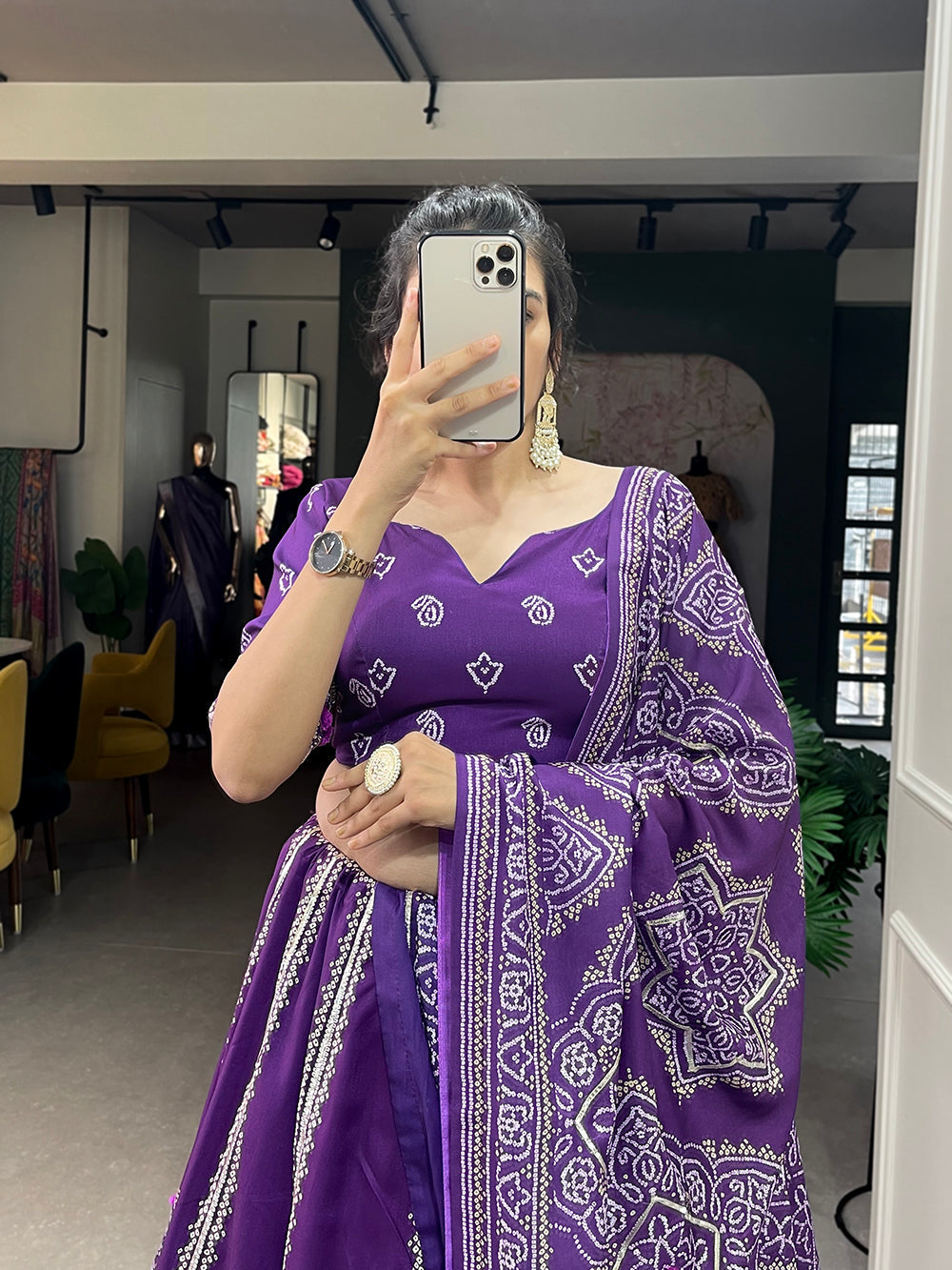 Purple Color Bandhej  Printed With Gota Patti Vaishali Silk Lehenga Choli ClothsVilla.com