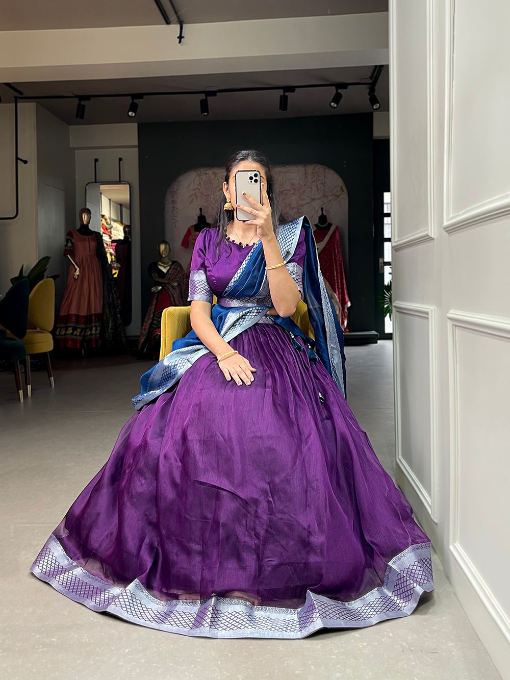 Purple Color Plain And Silver Viscose Chanderi Dupion Silk Semi Stich Half Saree Lehenga Choli ClothsVilla.com