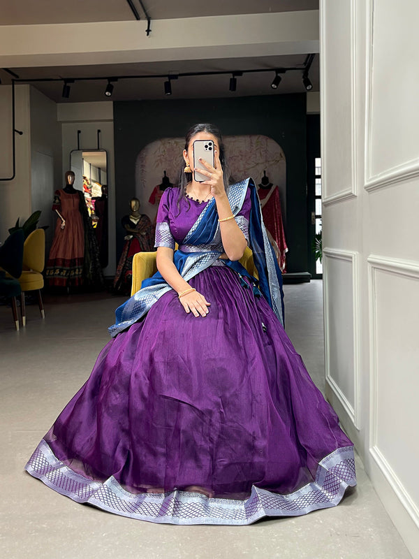 Purple Color Plain And Silver Viscose Chanderi Dupion Silk Semi Stich Half Saree Lehenga Choli ClothsVilla.com