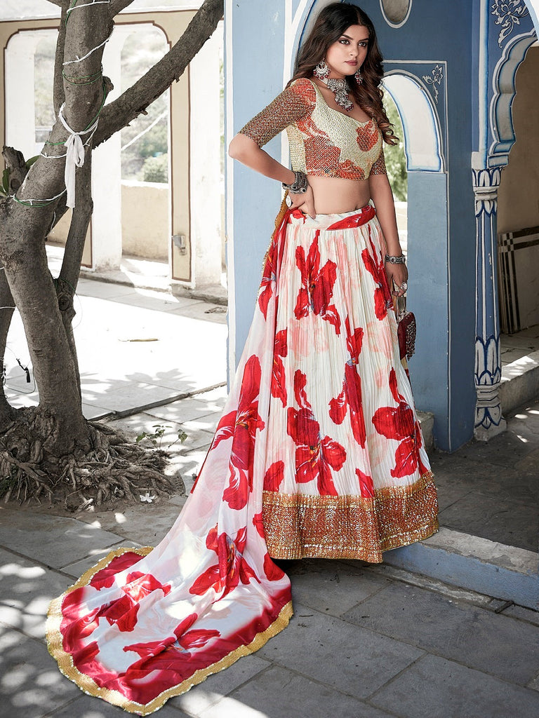 Red Color Digital Print With Sequins Embroidery Work Crushed Chinon Lehenga Choli ClothsVilla.com