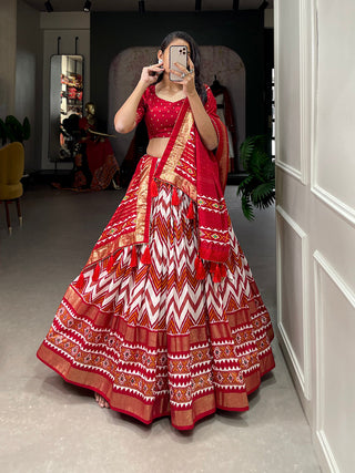 Red Color Leheriya With Foil Work Tussar Silk Lehenga Choli ClothsVilla