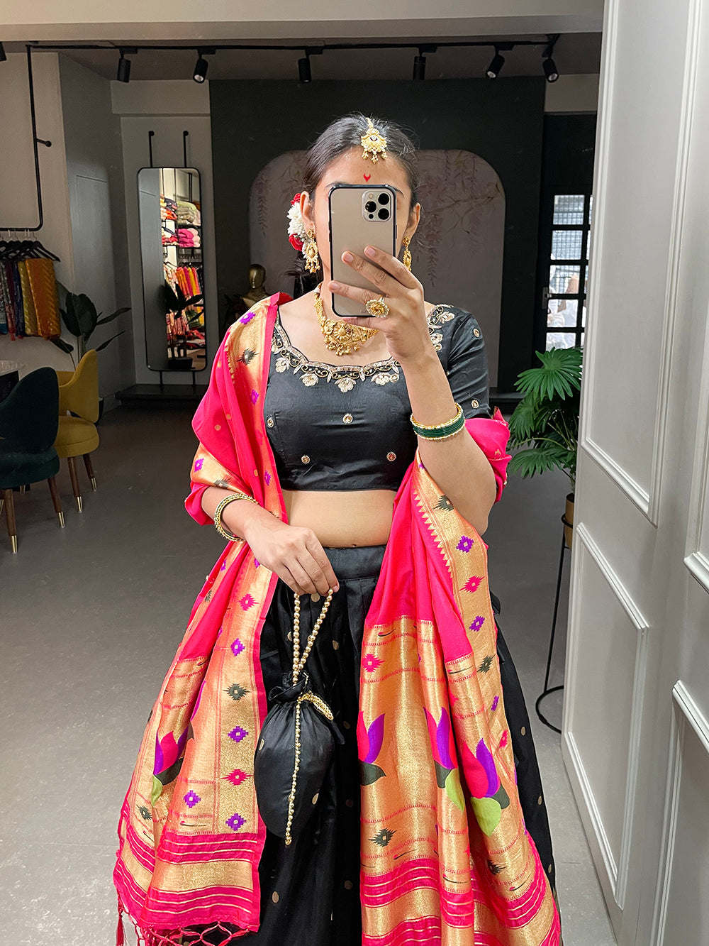 Black Color Weaving Zari Work jacquard Paithani Silk Lehenga Choli ClothsVilla.com