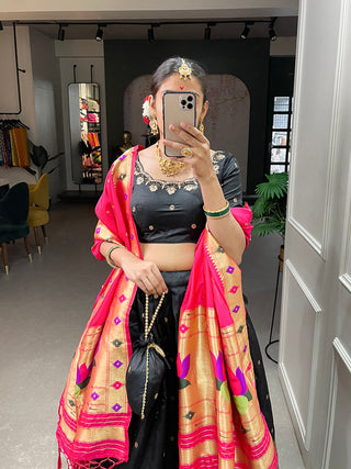 Black Color Weaving Zari Work jacquard Paithani Silk Lehenga Choli ClothsVilla.com