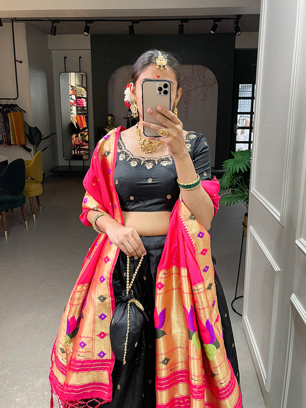 Black Color Weaving Zari Work jacquard Paithani Silk Lehenga Choli ClothsVilla.com