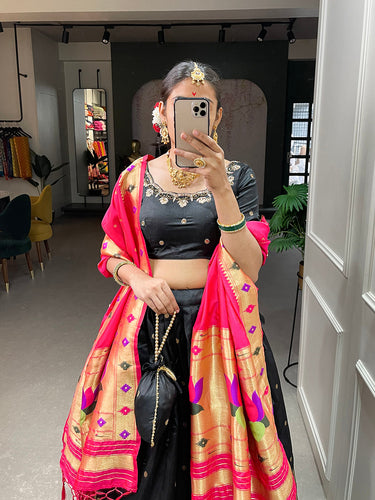Black Color Weaving Zari Work jacquard Paithani Silk Lehenga Choli ClothsVilla.com